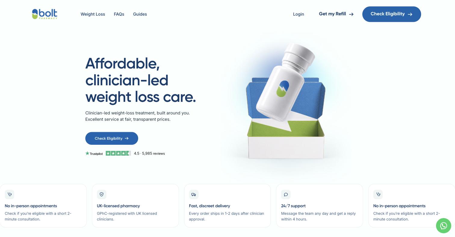 Homepage above the fold. “Affordable, clinician-led weight loss care”, a Trustpilot score of 4.5 on 5,985 reviews, and “Check Eligibility”. No medicine named here, and no price. The hero is the most compliant surface on the site.