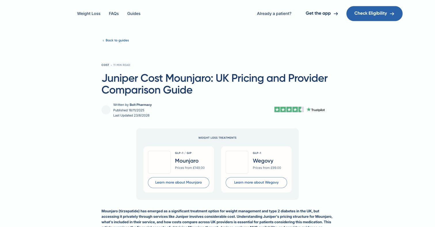 One of 54 competitor-cost pages. “Juniper Cost Mounjaro”, published November 2025, last updated 23 August 2026, with a Trustpilot badge and a prescription-only medicine price widget sitting directly under the byline.