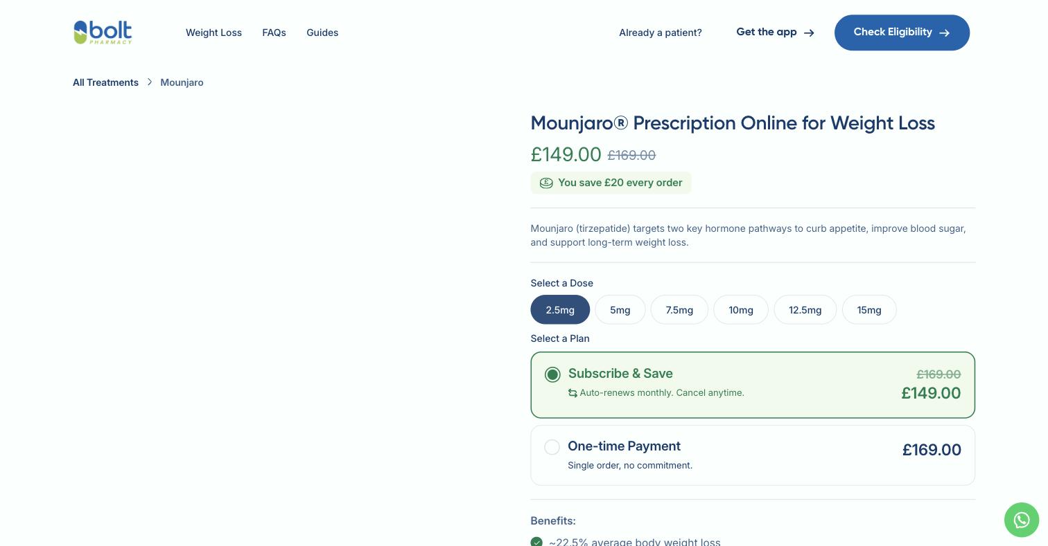 The page whose title tag reads “Buy Mounjaro Online UK”. A six-dose selector, a plan selector and live pricing, four weeks after Bolt told the ASA it would show no prescription-only medicine before a clinical consultation.