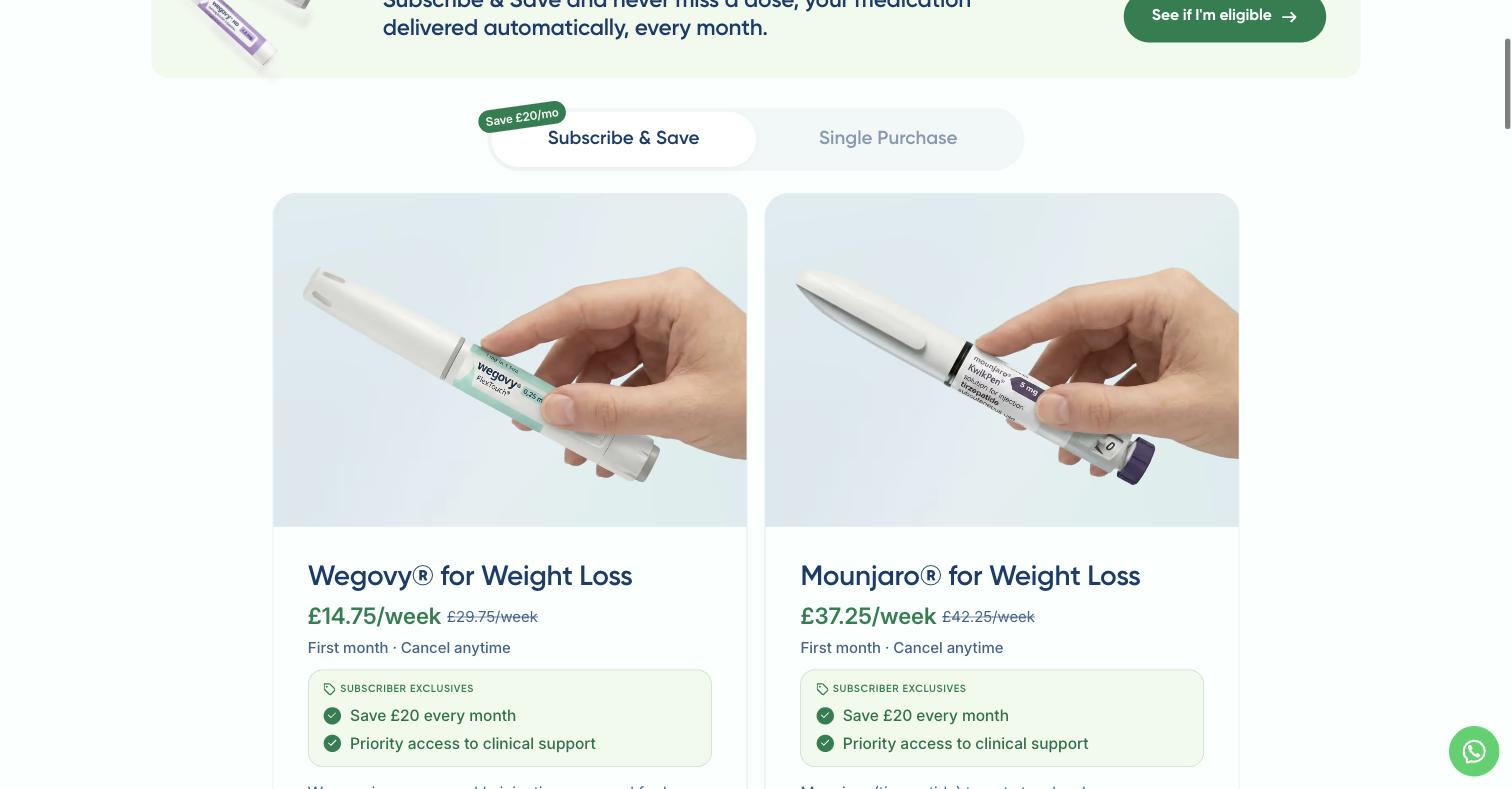 One click from the homepage, via the “Weight Loss” nav item. Photographs of branded Wegovy FlexTouch and Mounjaro KwikPen devices with the labels legible, weekly prices, and a Subscribe & Save toggle. No consultation, no email, no account.