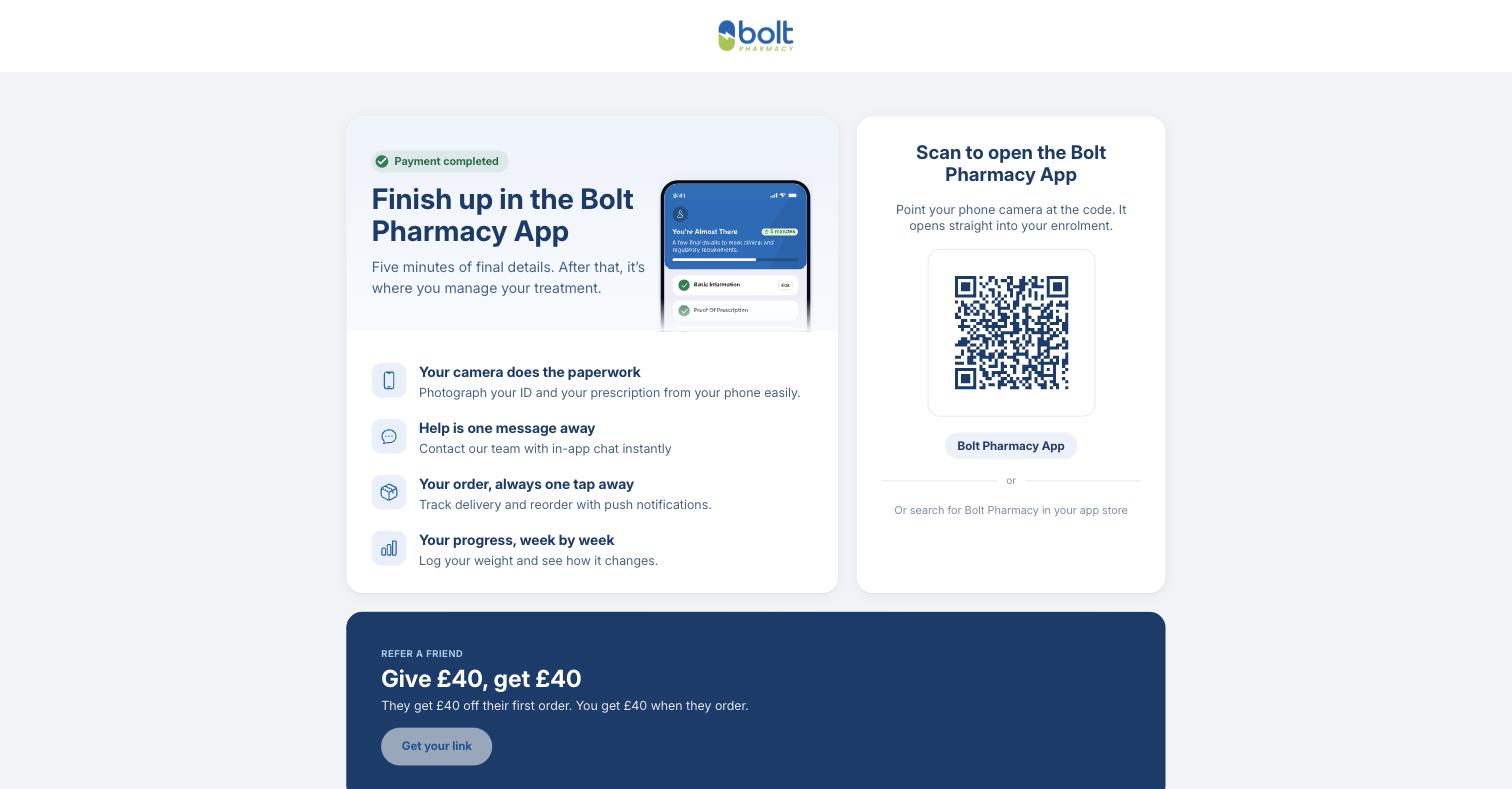 The post-checkout page, publicly reachable without paying anything. “Payment completed”, then photograph your ID and prescription. The clinical review comes after this, and after a referral upsell with a countdown timer.