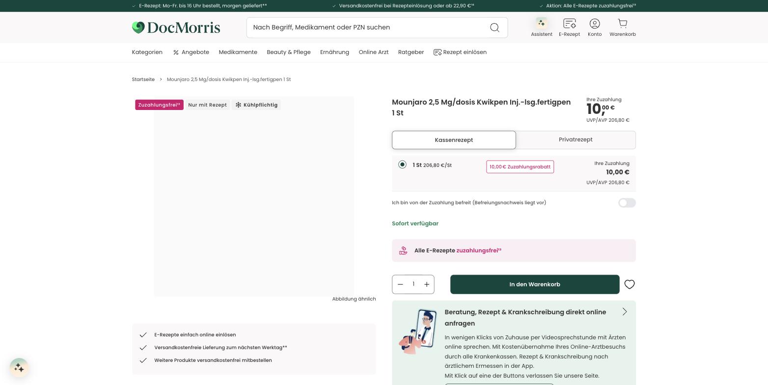 The same page with the Kassenrezept tab selected: a 10,00 EUR statutory copayment discounted by a 10,00 EUR Zuzahlungsrabatt to nothing, against UVP/AVP 206,80 EUR. A weight-loss patient never sees this tab, because GLP-1s for obesity are excluded from statutory reimbursement under SGB V section 34 and every such prescription is a Privatrezept.