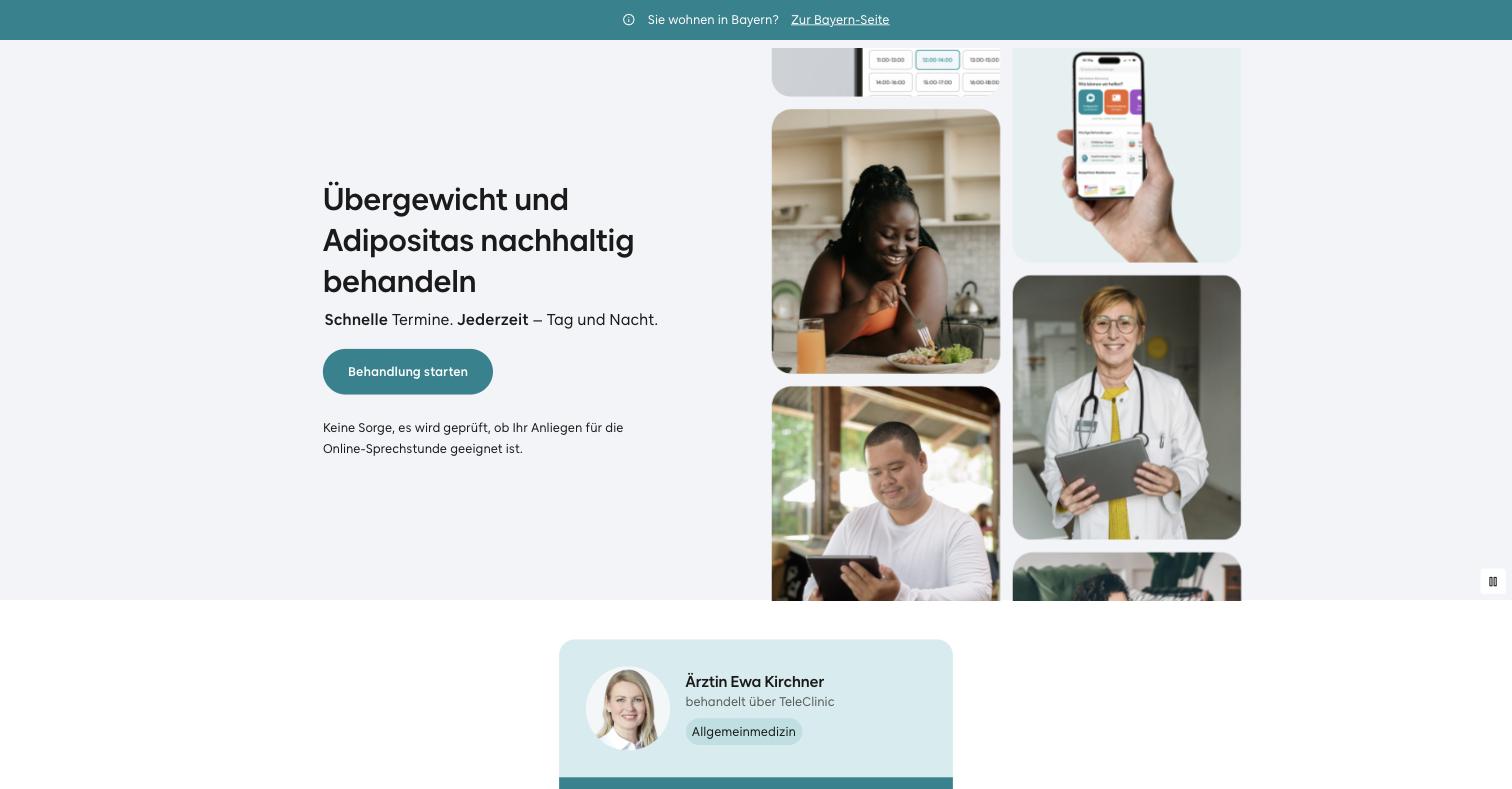 TeleClinic, wholly owned by DocMorris. Übergewicht und Adipositas nachhaltig behandeln. Behind this page sits a video consultation at 38,87 EUR priced under the GOÄ, and an intake questionnaire whose step four asks the patient to choose between Mounjaro, Wegovy and Saxenda. On 29 April 2026 LG Köln held that steering patients here from DocMorris breaches section 11 ApoG, and that questionnaire-based prescribing without physical examination meets no recognised professional standard.
