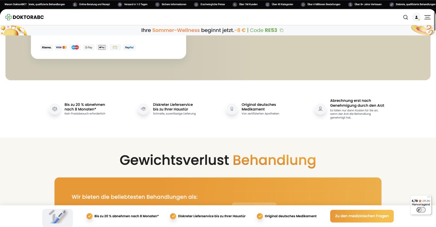 The false claim, live. "Abrechnung erst nach Genehmigung durch den Arzt. Es fallen nur dann Kosten für Sie an, wenn der Arzt die Behandlung genehmigt hat." AGB clause 7.3 says all fees are payable in advance, and clause 8.1 says treatment cannot begin until they are received in full.