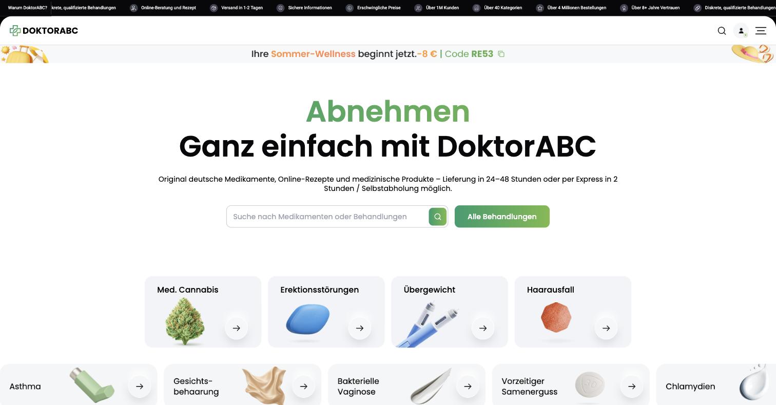 What DoktorABC actually is. The homepage names no brand and no molecule at all, and the first category card is medical cannabis, with Übergewicht third. Weight loss is 1.7 per cent of the 5,226-URL German estate, and zero of the reviews in the live Trustpilot payload mention a GLP-1.