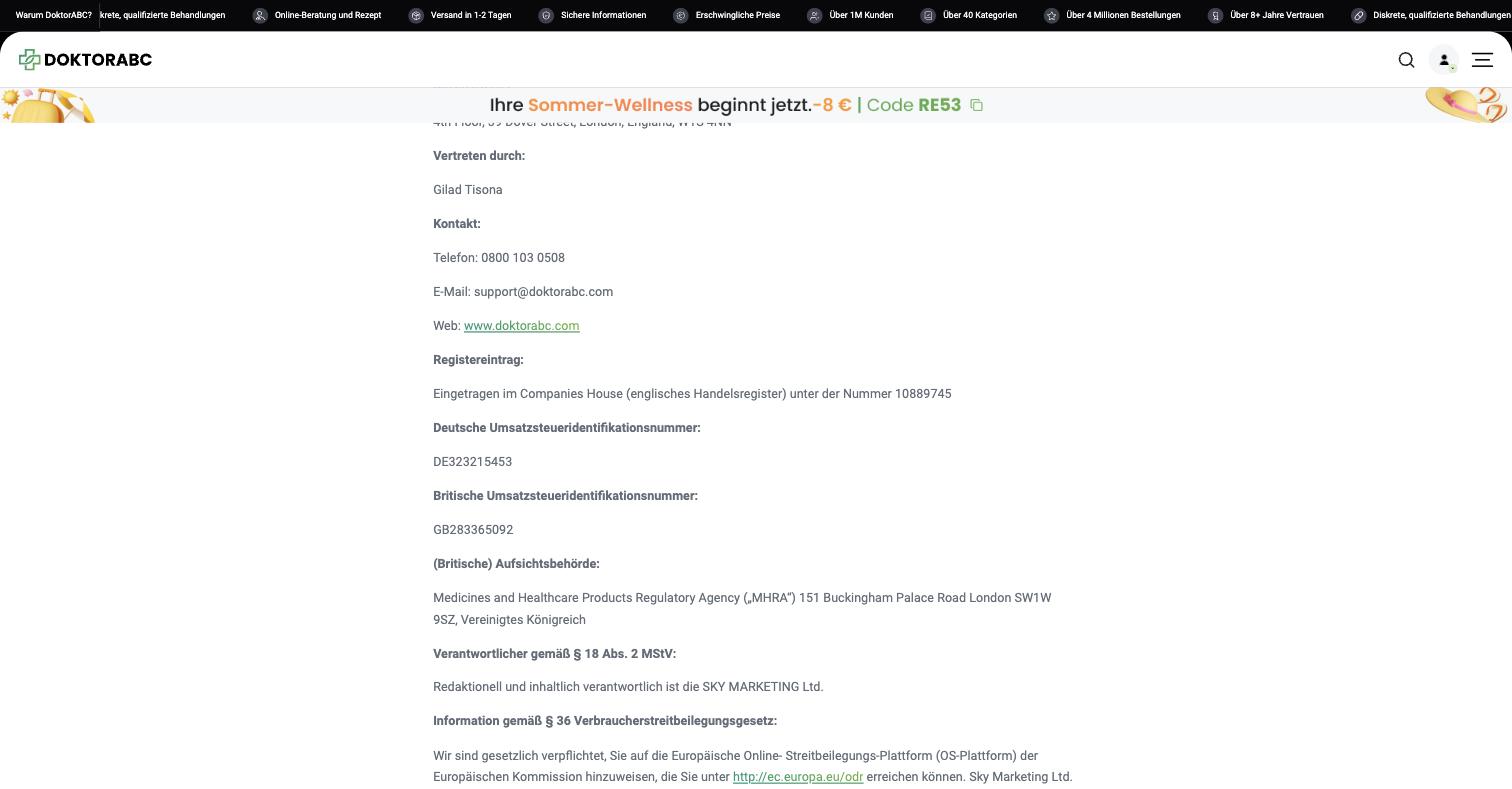 A German medical service whose Impressum names a UK web-portal company at an address it left in 2025, gives the MHRA as the supervisory authority, and names no responsible physician anywhere.