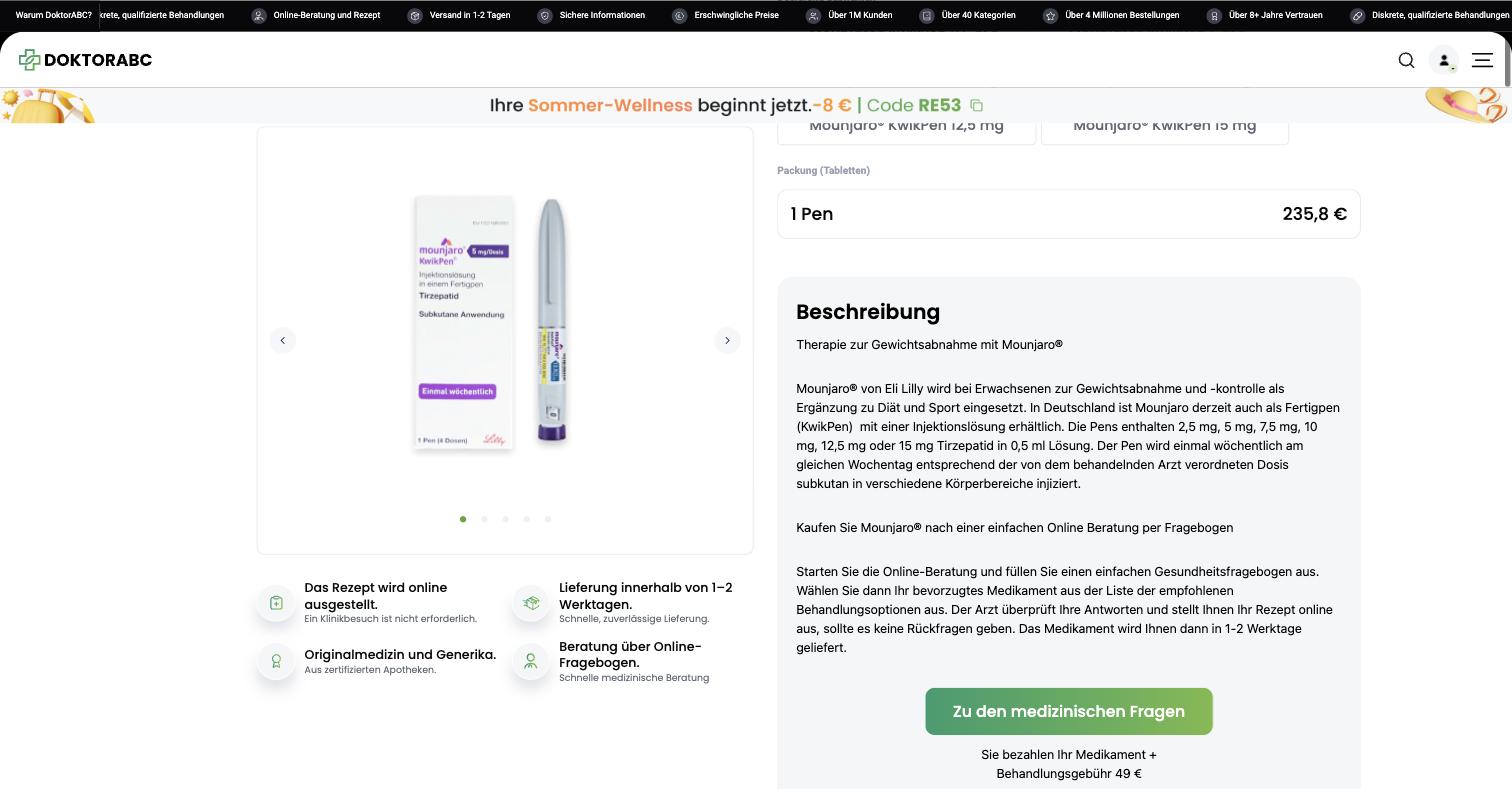 The H2 that advertises the questionnaire as the feature: "Kaufen Sie Mounjaro® nach einer einfachen Online Beratung per Fragebogen". LG München I held on 3 March 2025 that questionnaire-based remote treatment of obesity does not meet generally recognised professional standards.