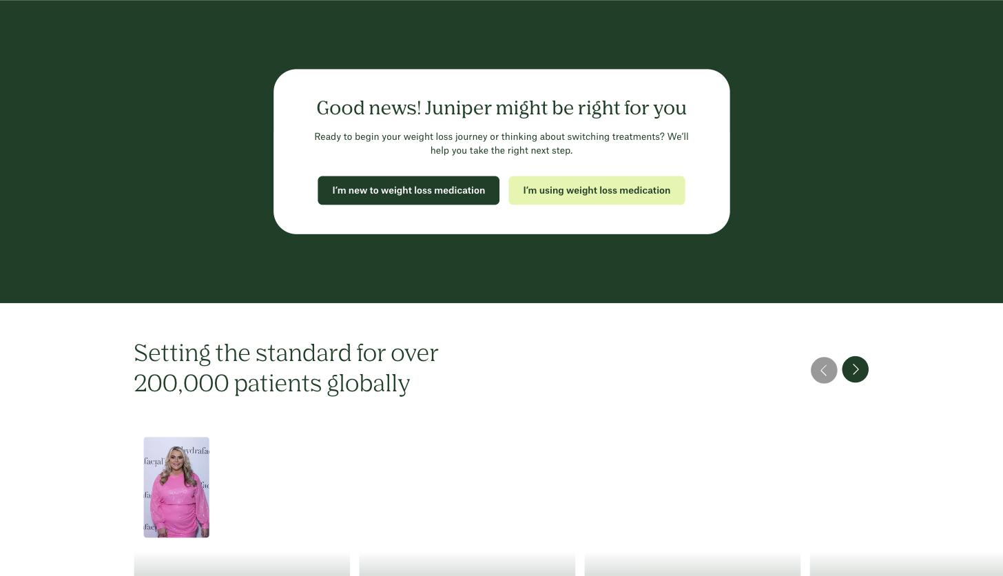 The interstitial the ASA ruled on. “Good news! Juniper might be right for you”, delivered regardless of the answers, then the fork the ASA held was a filter rather than a landing page. Still live, four and a half months after the 8 April 2026 ruling.