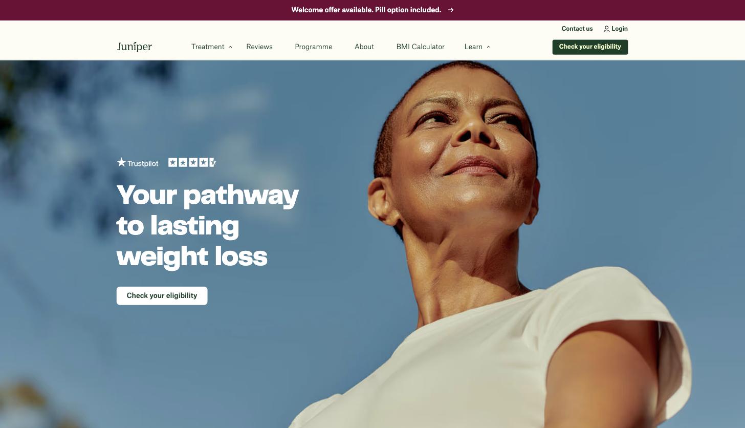 UK homepage above the fold. Three elements only: Trustpilot stars, the H1, one button. No price, no product, no side effect. The maroon banner links straight into a quiz variant with Mounjaro pre-selected.