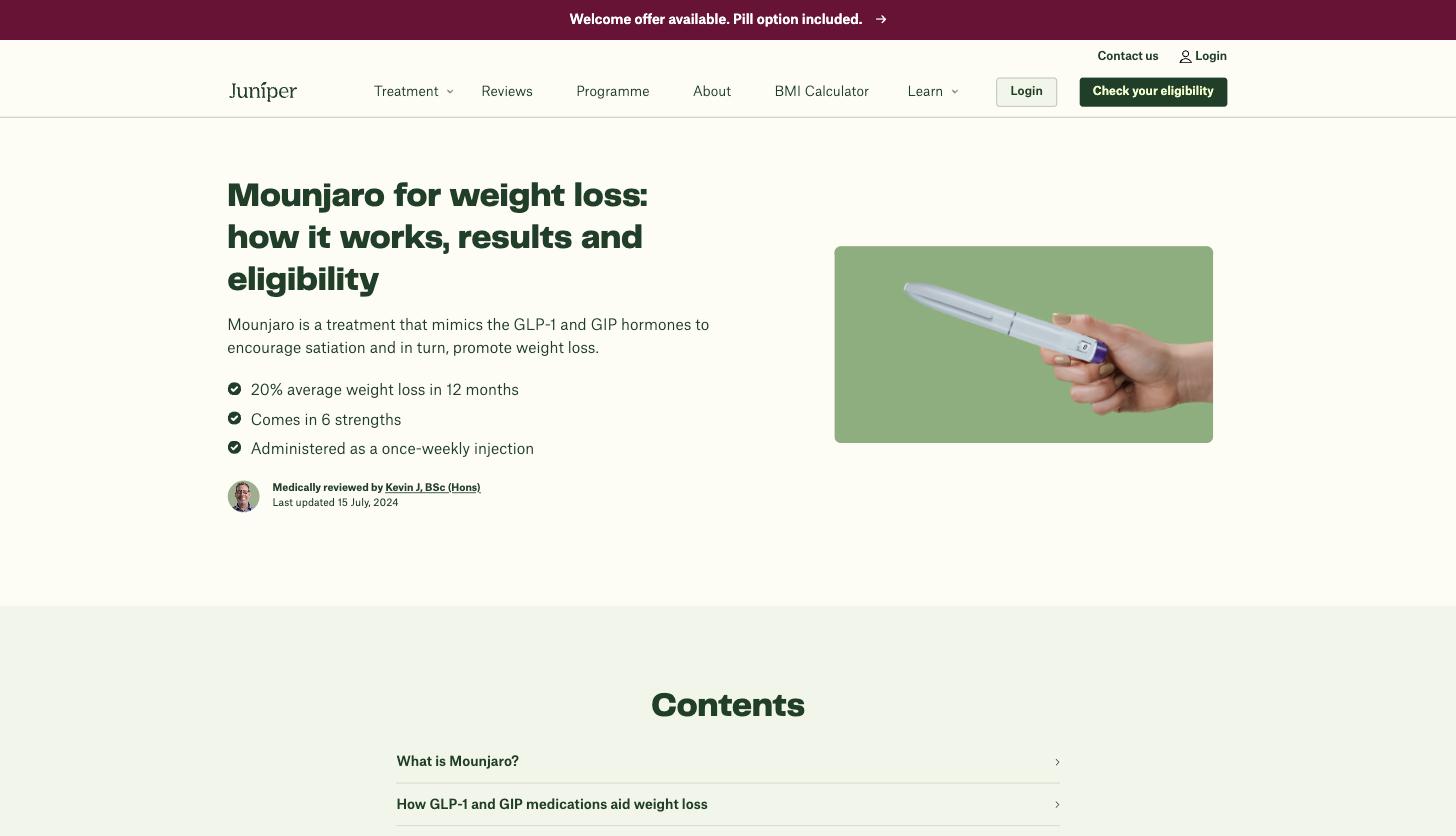 The Mounjaro hub, with a product image, “20% average weight loss in 12 months”, and a “Medically reviewed by” byline last updated July 2024.