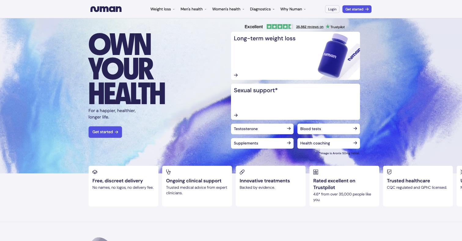 Homepage. “OWN YOUR HEALTH”, no price, no product, no medicine named in the body copy. Category chips lead with long-term weight loss; sexual support is second. The most confident brand expression in this atlas and the least product-led.