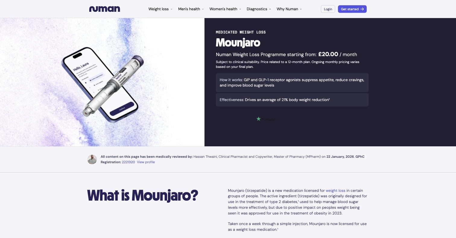 The Mounjaro page, titled “Mounjaro (Tirzepatide) weight loss injections UK | Buy online”. It headlines **£20.00 / month** and emits an Offer schema at the same price. The promo terms elsewhere on the site state the offer “doesn’t apply to other weight-loss medications, including Mounjaro”. The cheapest real Mounjaro SKU is £219.