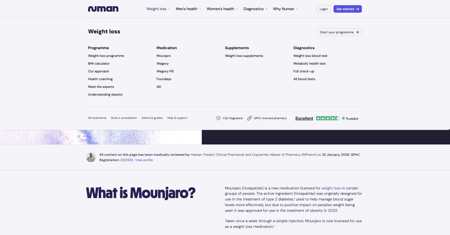 One click. The Weight loss nav panel, with a column headed **Medication**: Mounjaro, Wegovy, Wegovy Pill, Foundayo, Alli. This markup is server-rendered on every page, so it reaches an unauthenticated visitor with zero interaction.