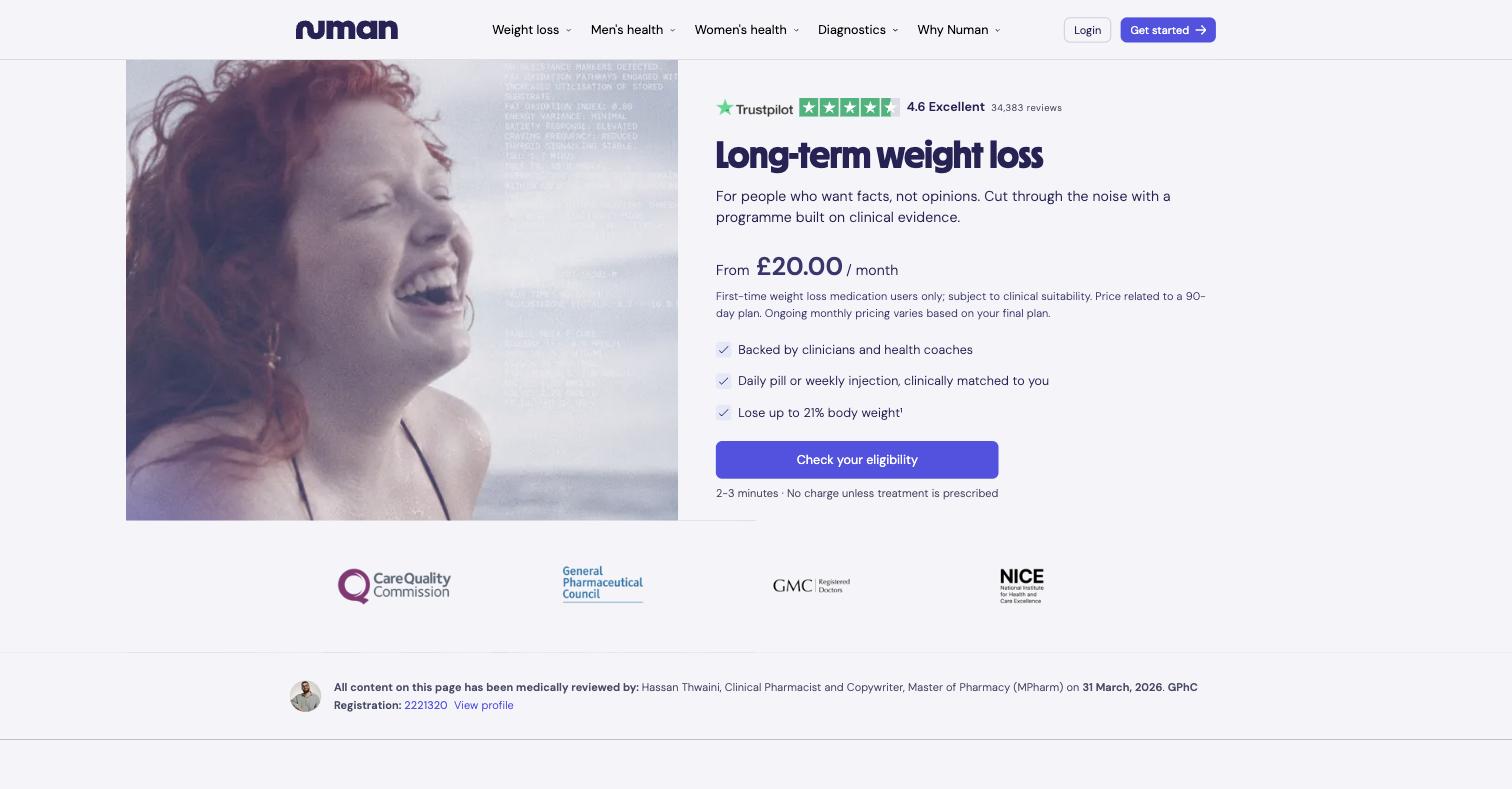 The weight-loss hub. Price now appears pre-capture, which discharges the narrow 2023 ASA finding, and the qualifier is more complete here than on the Mounjaro page: “First-time weight loss medication users only… Price related to a 90-day plan.” It still does not say the 90-day plan is a binding, non-cancellable commitment. Four regulator marks sit below the fold: CQC, GPhC, GMC and NICE.