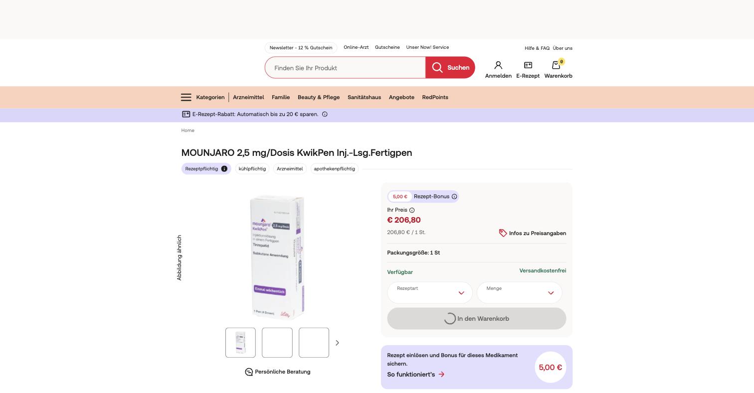 The price that reframes the category. Mounjaro 2.5 mg at 206,80 EUR, which is the German Apothekenverkaufspreis to the cent, in stock, free shipping, no service fee, with a correct Pflichtangaben block below. Zava charges 240,79 EUR for the same box and DoktorABC charges 284,80 EUR.