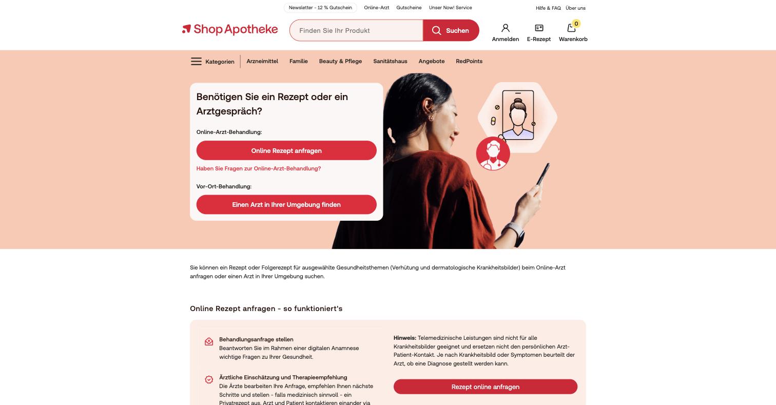 The hub, which says the online doctor service covers only "ausgewählte Gesundheitsthemen (Verhütung und dermatologische Krankheitsbilder)", selected health topics being contraception and dermatological conditions. The Wegovy and Mounjaro product pages nonetheless carry a Zava-wired "Rezept anfragen" button. That gap is where the exposure sits.