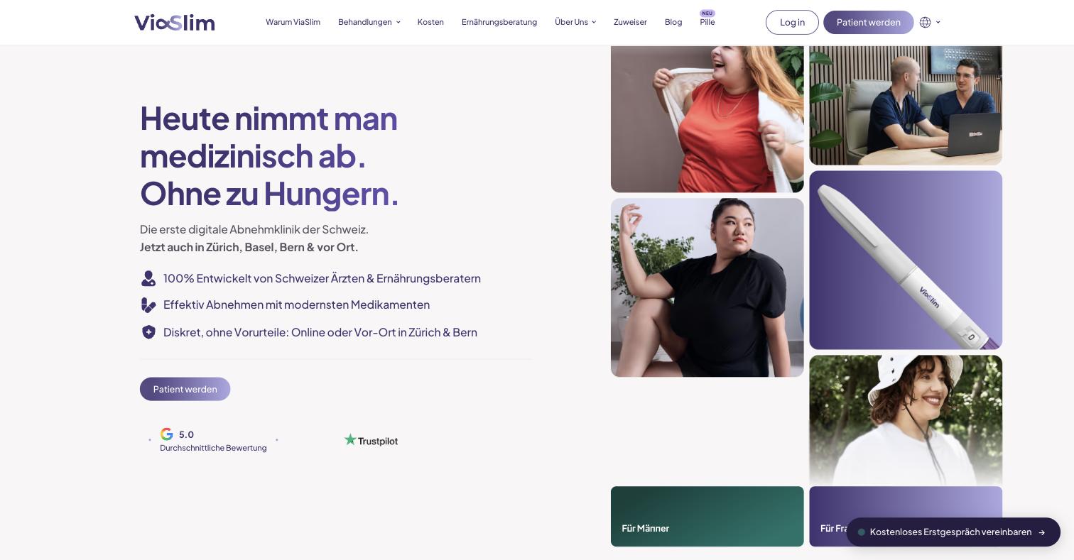 Homepage. “Heute nimmt man medizinisch ab. Ohne zu Hungern.” The subhead advertises **Zürich, Basel and Bern**; there is no Basel entity in the commercial register, and the bullet immediately below says only Zürich and Bern. The Trustpilot block shows a “5.0” the company’s own other pages contradict.