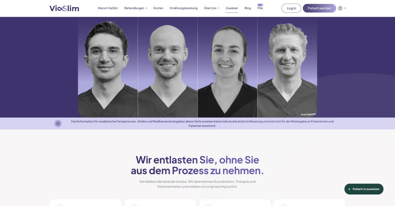 One click later. The clinician roster, with Prof. Zehetner at the right. Behind this gate sit both molecules named with quantified efficacy, an off-label framing for tirzepatide, and the RWE-01 cohort data that patients never see.