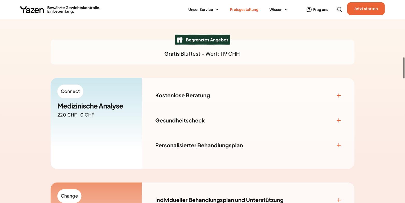 The clinical gate, free, before any payment. Connect, medizinische Analyse, 220 CHF struck through to 0 CHF, plus a free blood test valued at 119 CHF. No other operator in this atlas lets a doctor decide before taking the money.