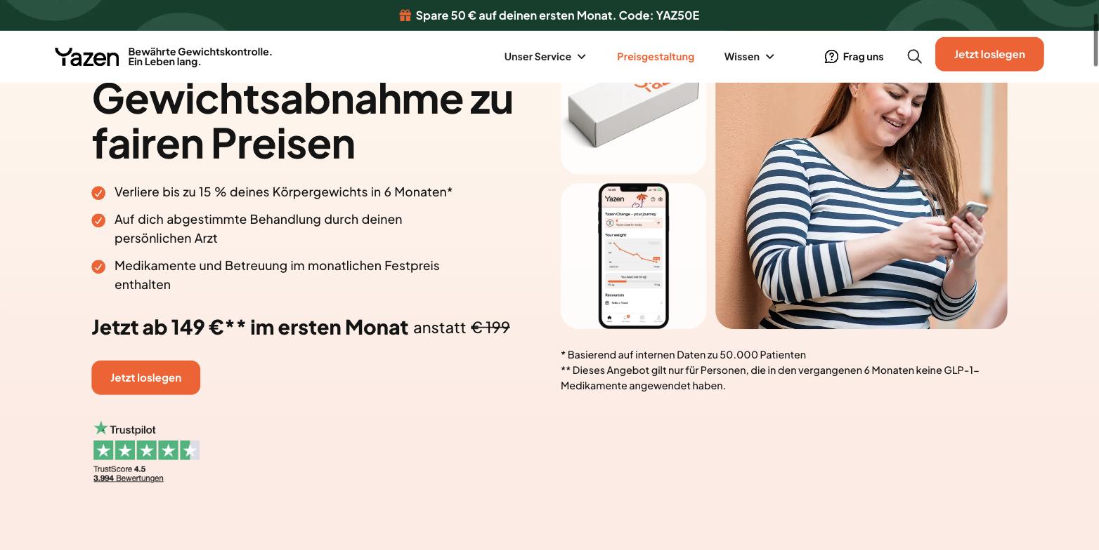 The German claim, live. "Medikamente und Betreuung im monatlichen Festpreis enthalten", medicines and care included in the monthly fixed price, at 149 EUR the first month against 199 EUR. The German list price of Mounjaro 2.5 mg alone is 206,80 EUR. The small print on the same page says Yazen is not involved in the sale, supply or dispensing of medicines and that an independent pharmacy is responsible for pricing.
