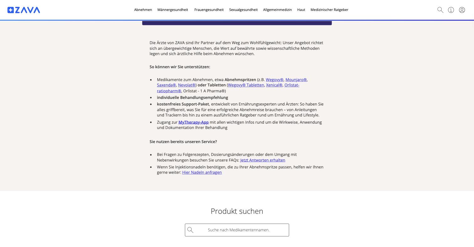 One click from the German homepage. Wegovy, Mounjaro, Saxenda, Nevolat, Xenical and three orlistat products named in running body copy, each hyperlinked to its own priced product page.