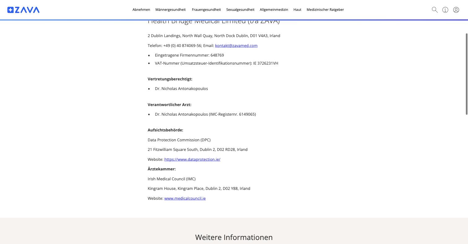 The structure in one screen. A German-language page whose Impressum names an Irish company, CRO 648769, at 2 Dublin Landings, with a German telephone number, a responsible physician carrying an IMC number identical to his GMC number, and the Irish Medical Council as the supervising Ärztekammer. No German medical entity anywhere.