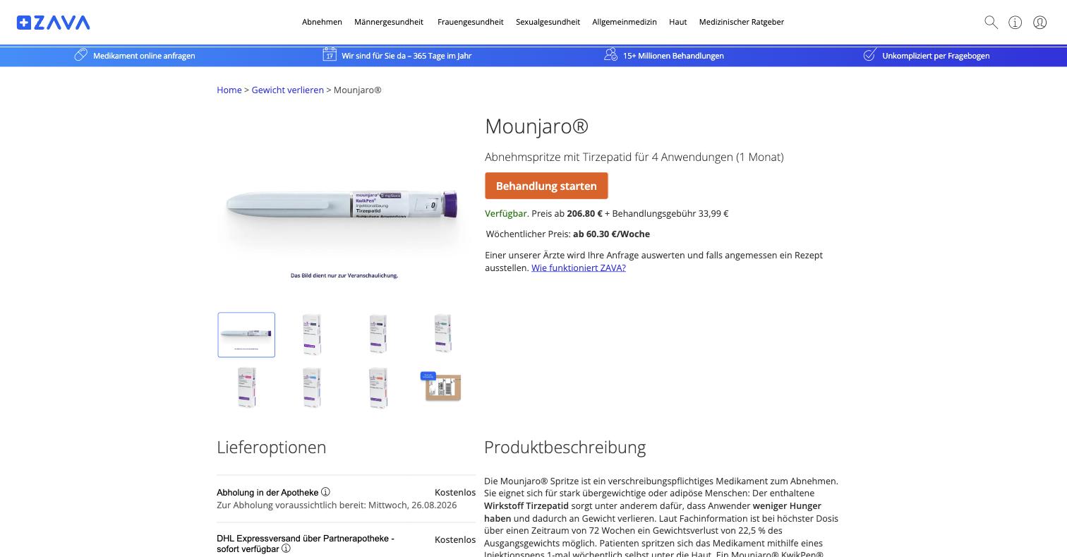 The load-bearing evidence. Zava Germany, unauthenticated, no cookie accepted: brand name, molecule, dose count, live stock status, price from 206,80 EUR plus a 33,99 EUR treatment fee, and a Behandlung starten button. Page title reads Mounjaro® online kaufen. Meta robots index,follow.