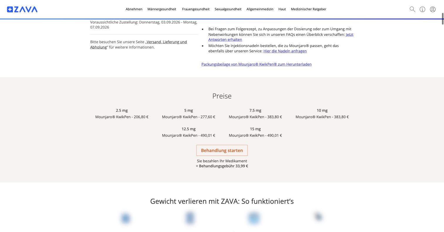 The full German dose ladder published as a public price list, 206,80 EUR to 490,01 EUR, with the flat treatment fee stated beneath the start button.
