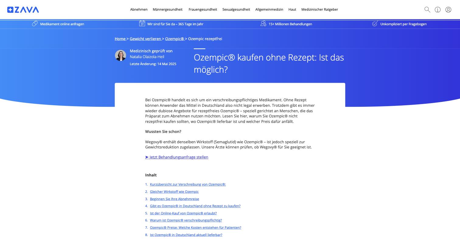 The most aggressive artefact in the German estate: a live, sitemap-listed URL reading ozempic-rezeptfrei, headed Ozempic® kaufen ohne Rezept: Ist das möglich? The body argues against it and steers to Wegovy, which is the point of the construction.