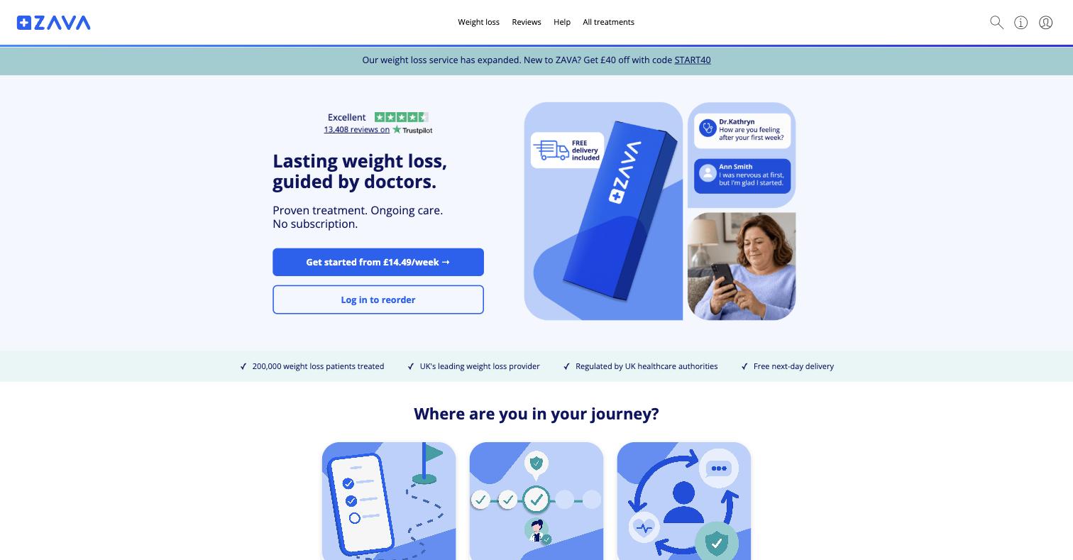 Zava UK has been rebuilt as a weight-loss-first brand: Lasting weight loss, guided by doctors. Proven treatment. Ongoing care. No subscription. That last line is aimed squarely at Juniper UK, which the same parent owns.