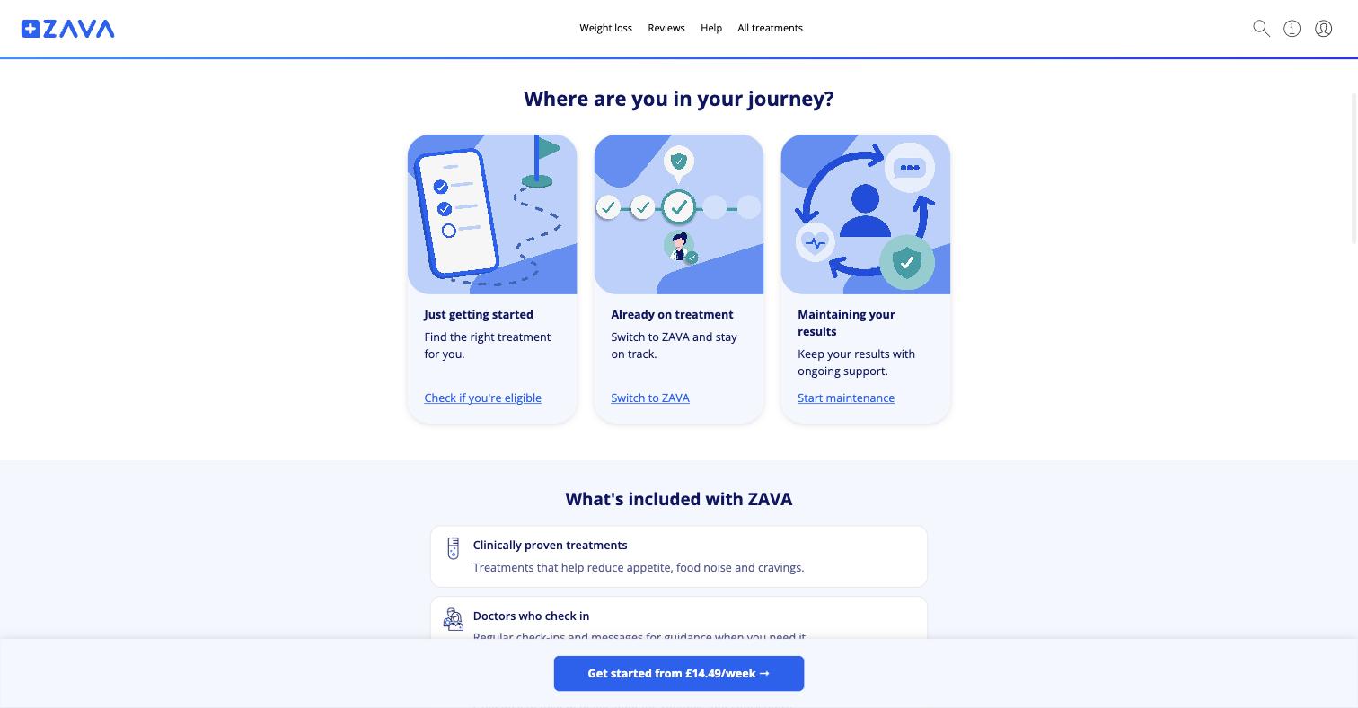 The cleanest growth mechanic in the competitive set. Three journey doors, and the middle one, Already on treatment, Switch to ZAVA and stay on track, is an explicit poaching funnel with a relaxed BMI gate for switchers.